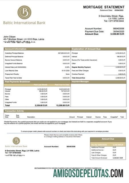 imprimível Modelo de declaração de hipoteca SE do Letônia Baltic International Bank SE